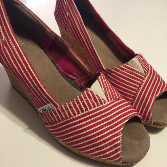 Toms Shoes - Toms Red/White Stripe Wedge Size 8.5